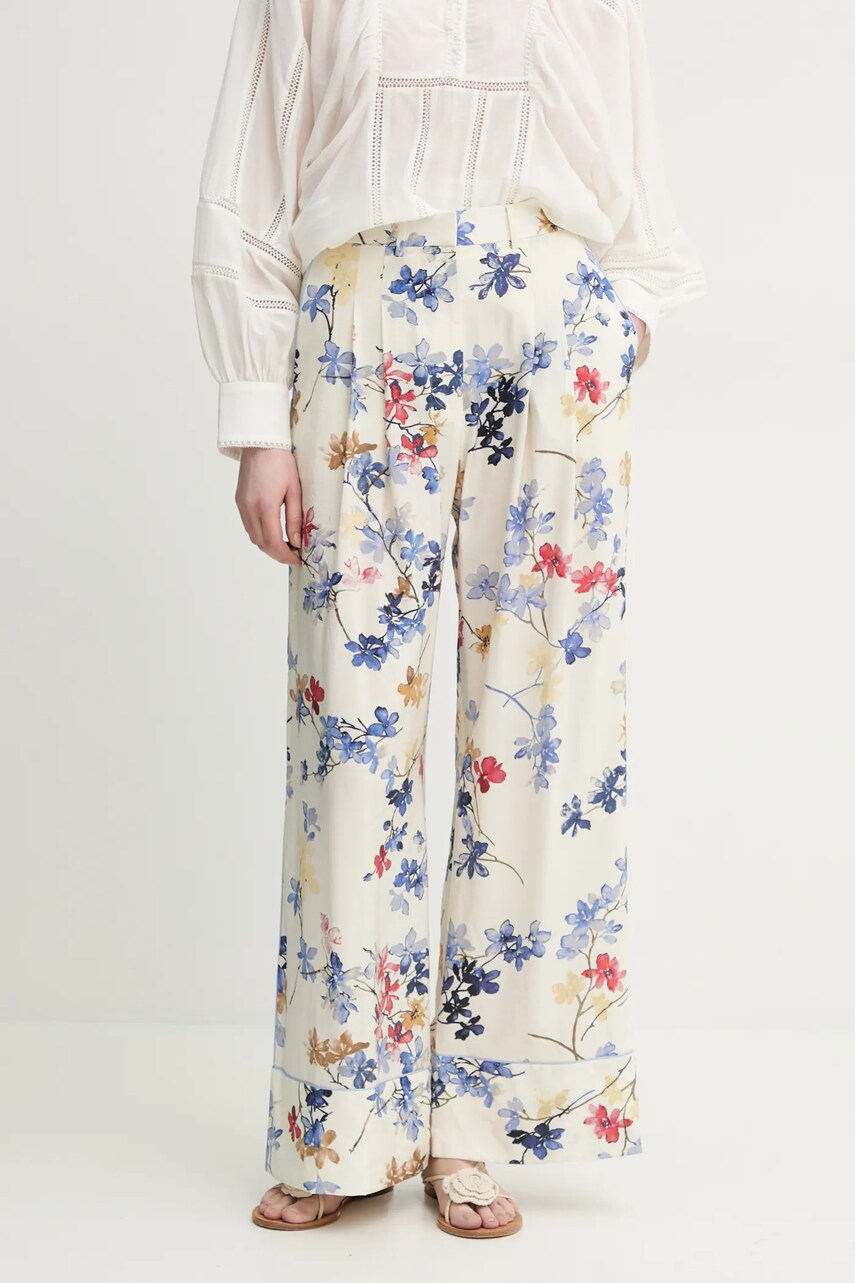 MUNTHE pantaloni FAICUS femei, culoarea bej, lat, high waist, 251142525121