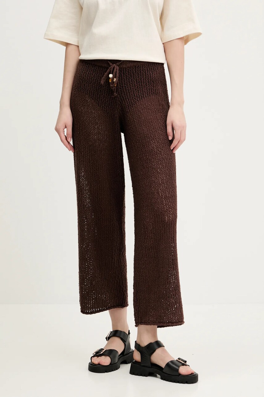 Abercrombie & Fitch pantaloni de bumbac femei, culoarea maro, lat, high waist, KI111-5032