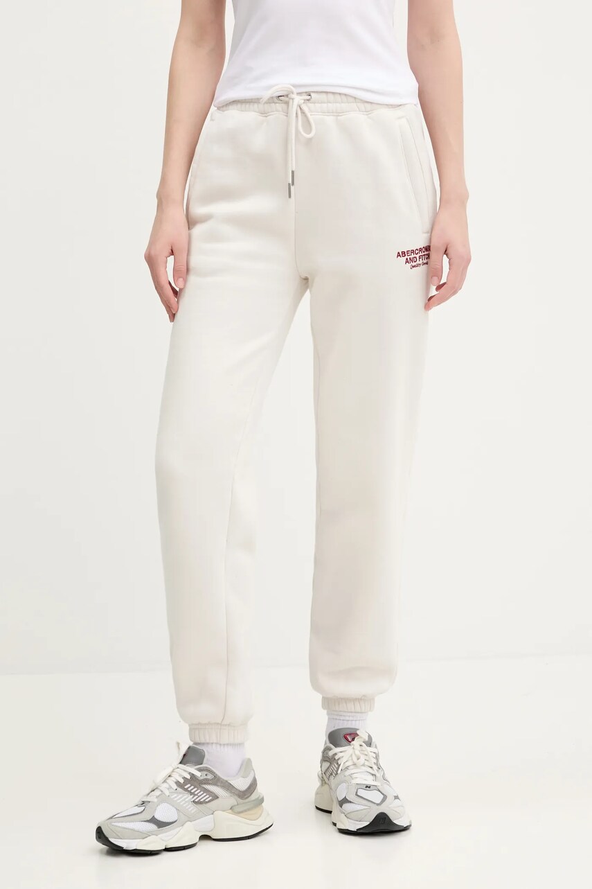 Abercrombie & Fitch pantaloni de trening femei, culoarea bej, cu imprimeu, KI147-5049