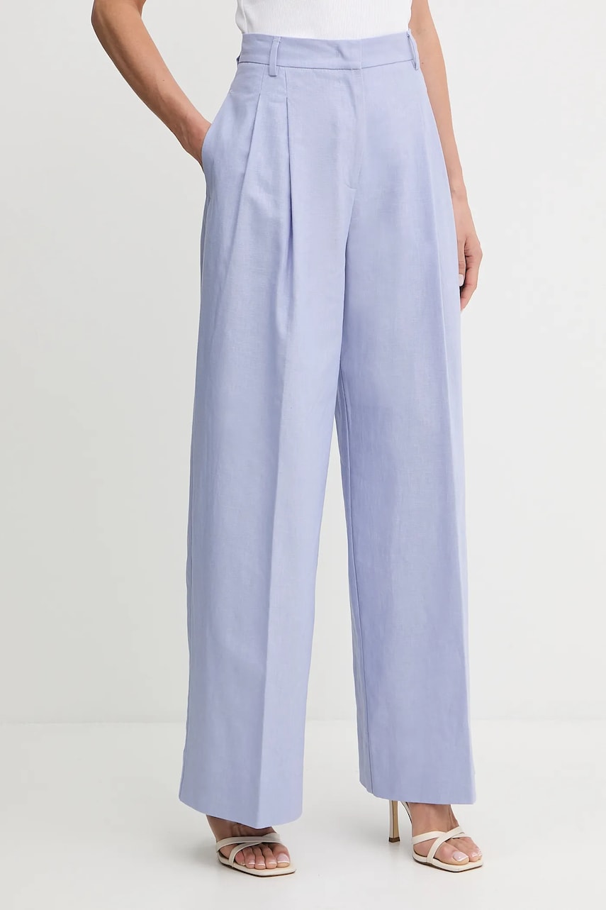 Levně Lněné kalhoty Liu Jo dámské, modrá barva, široké, high waist, WA5076.T1812