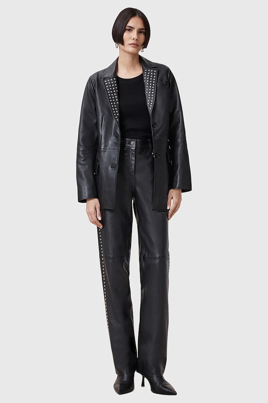 AllSaints pantaloni de piele SAIGE femei, culoarea negru, drept, high waist, W031TC AllSaints pantaloni de piele SAIGE femei, culoarea negru, drept, high waist, W031TC