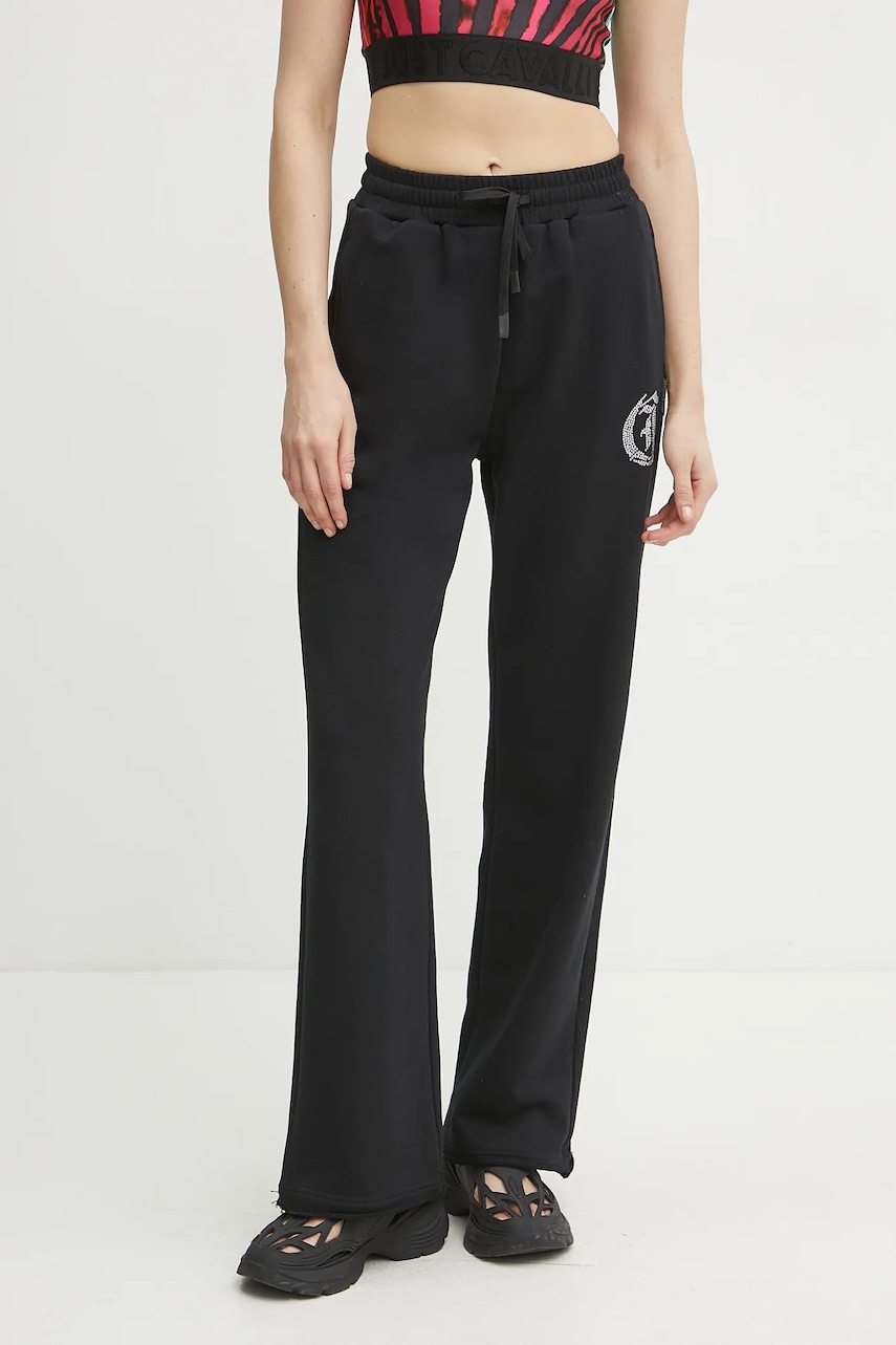 Just Cavalli pantaloni de trening din bumbac femei, culoarea negru, cu imprimeu, 78PAAE11 CF100 Just Cavalli pantaloni de trening din bumbac femei, culoarea negru, cu imprimeu, 78PAAE11 CF100