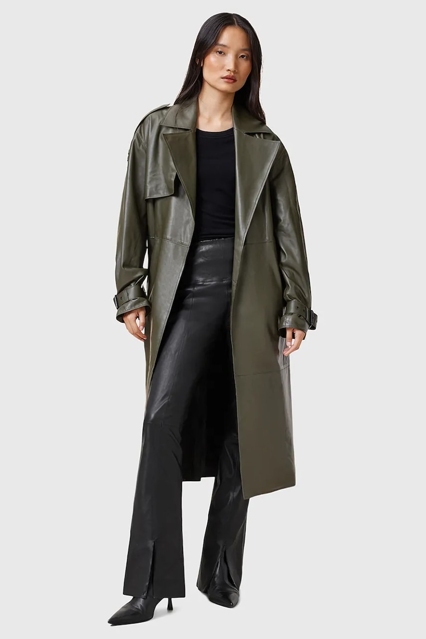 AllSaints pantaloni de piele CORA femei, culoarea negru, evazati, high waist, W030TC AllSaints pantaloni de piele CORA femei, culoarea negru, evazati, high waist, W030TC