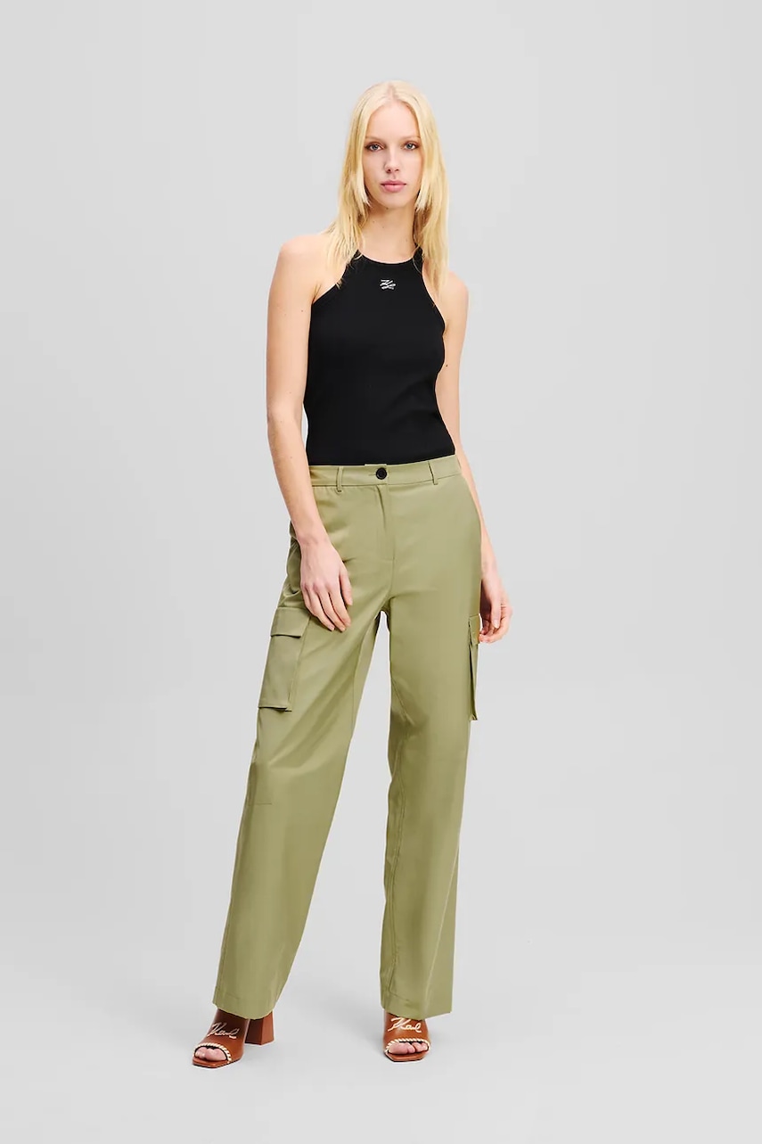 Levně Kalhoty Karl Lagerfeld dámské, zelená barva, jednoduché, medium waist, A2W10028