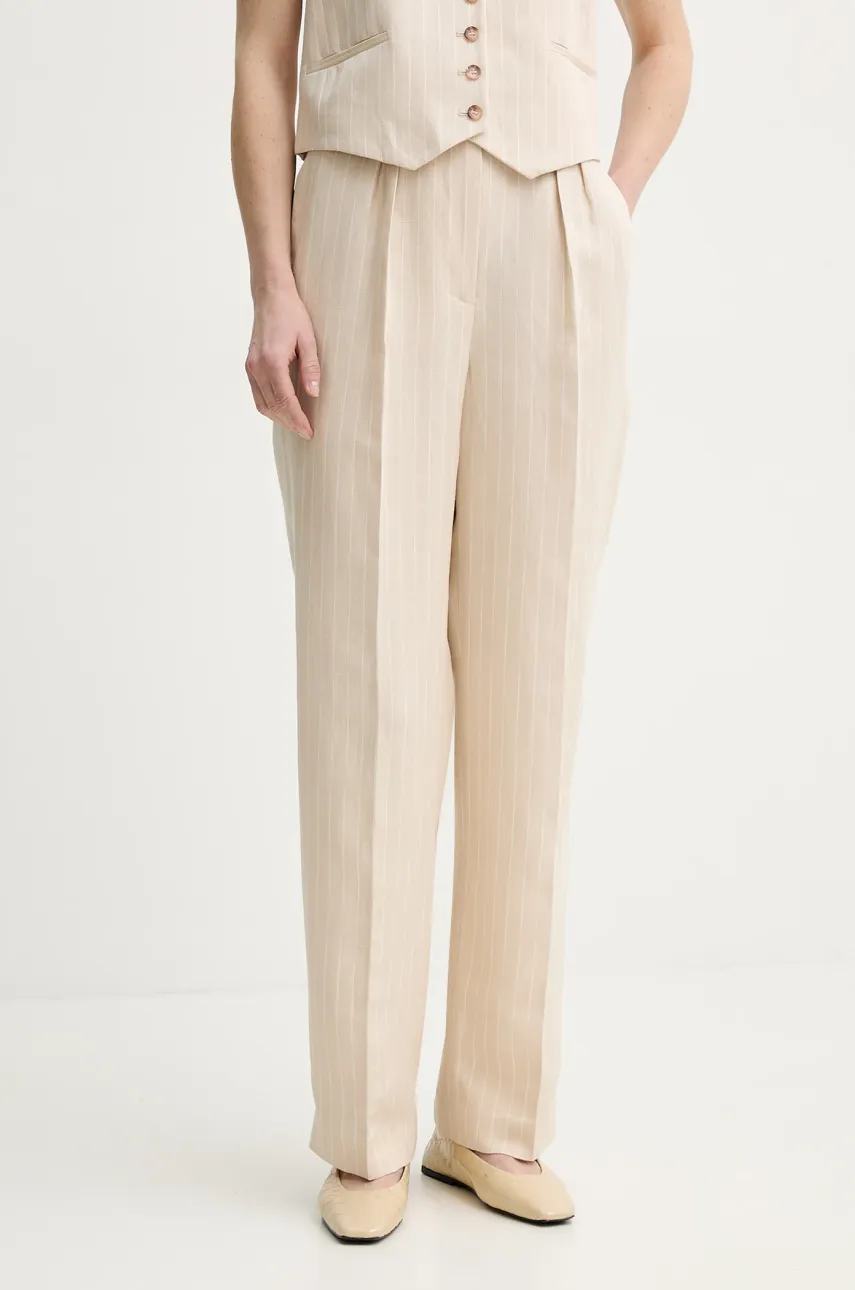 BA&SH pantaloni din amestec de in PEANUT femei, culoarea bej, drept, high waist, 1E25PEAN