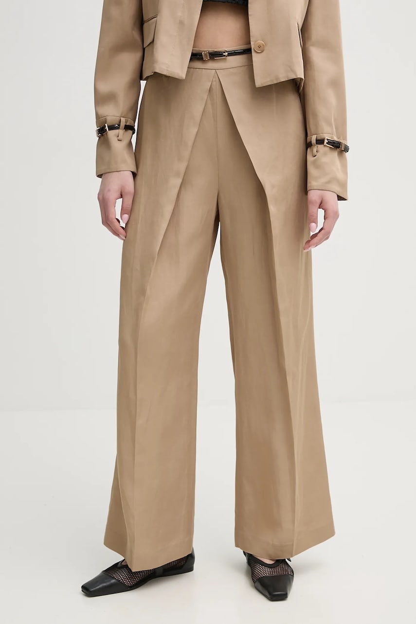 ISABELLE BLANCHE pantaloni din amestec de in femei, culoarea bej, drept, high waist, IS25SS-P059-T004 ISABELLE BLANCHE pantaloni din amestec de in femei, culoarea bej, drept, high waist, IS25SS-P059-T004