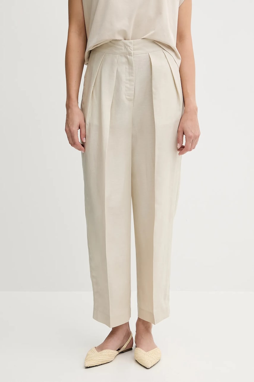 United Colors of Benetton pantaloni din amestec de in culoarea bej, drept, high waist, 45BVDF09B