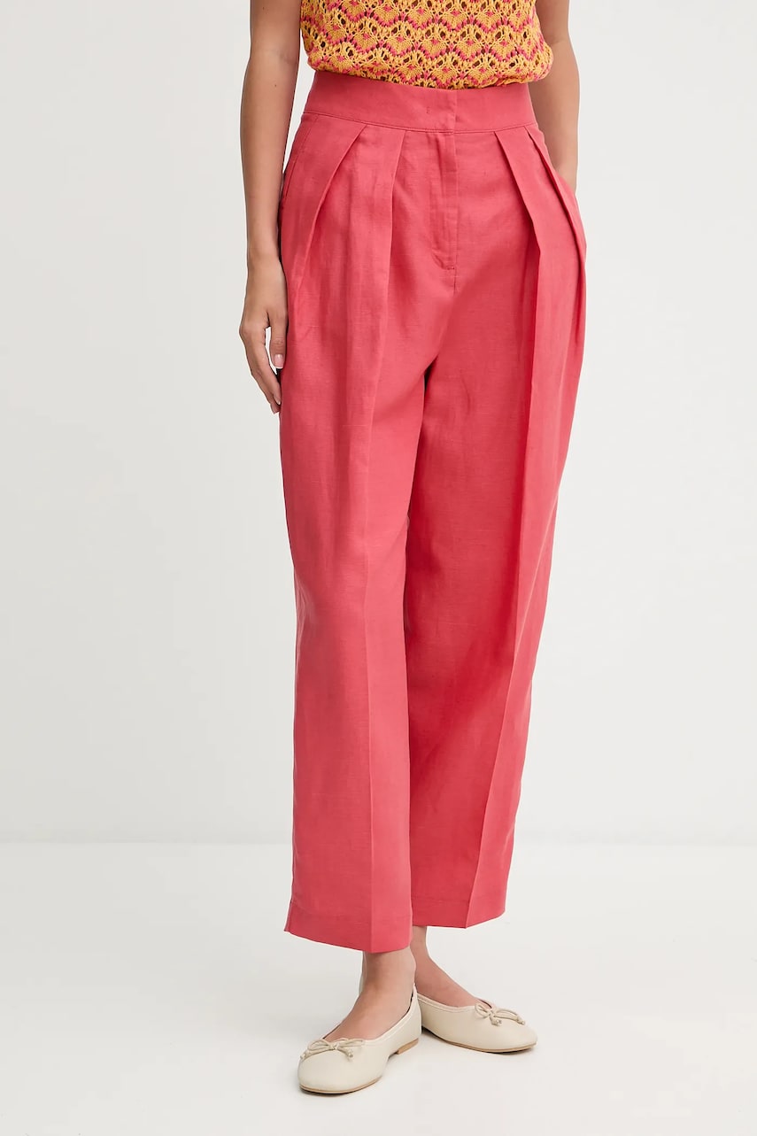 United Colors of Benetton pantaloni din amestec de in culoarea roz, drept, high waist, 45BVDF09B