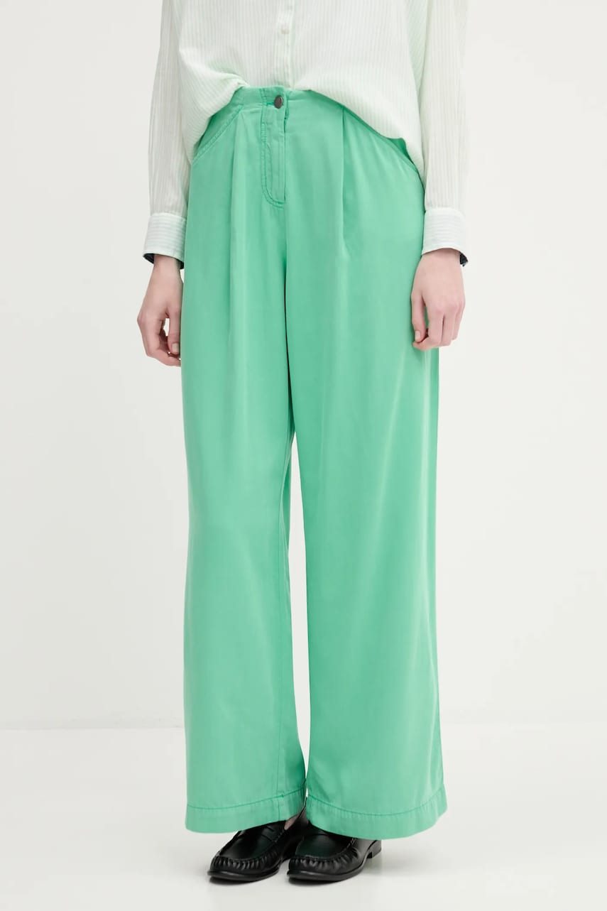 Levně Kalhoty United Colors of Benetton dámské, zelená barva, high waist, 4LEDDF09O