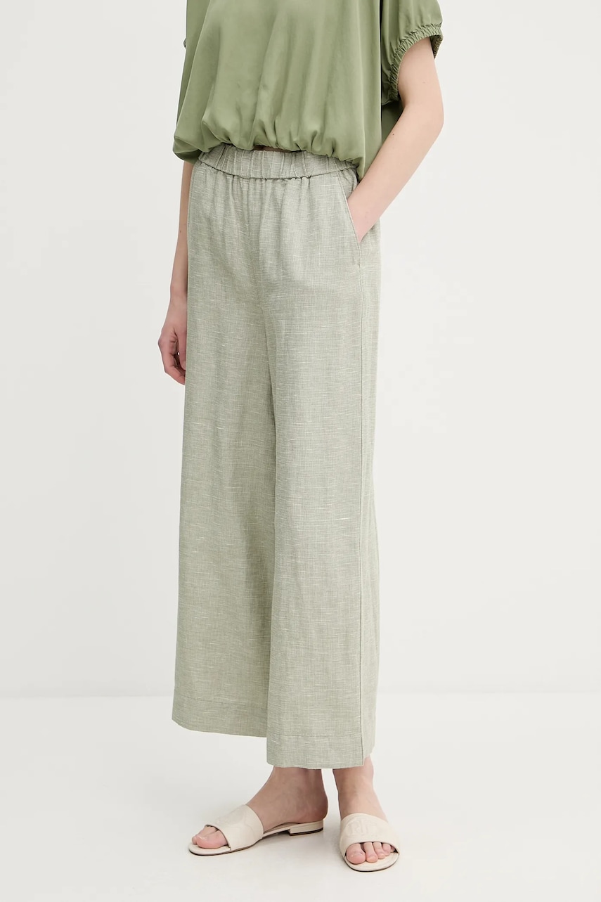 Levně Lněné kalhoty United Colors of Benetton dámské, zelená barva, high waist, 465XDF09J