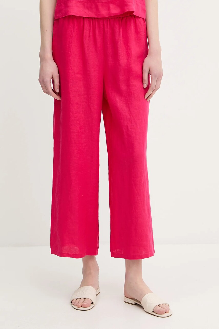 Levně Lněné kalhoty United Colors of Benetton dámské, růžová barva, high waist, 4AGHDF09G