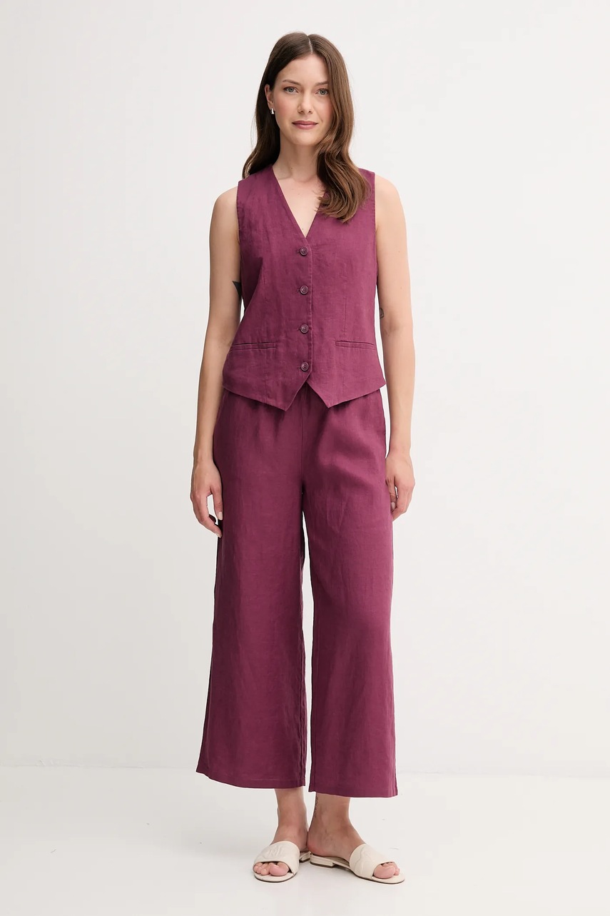 Льняные брюки United Colors of Benetton цвет фиолетовый прямые высокая посадка 4AGHDF09G