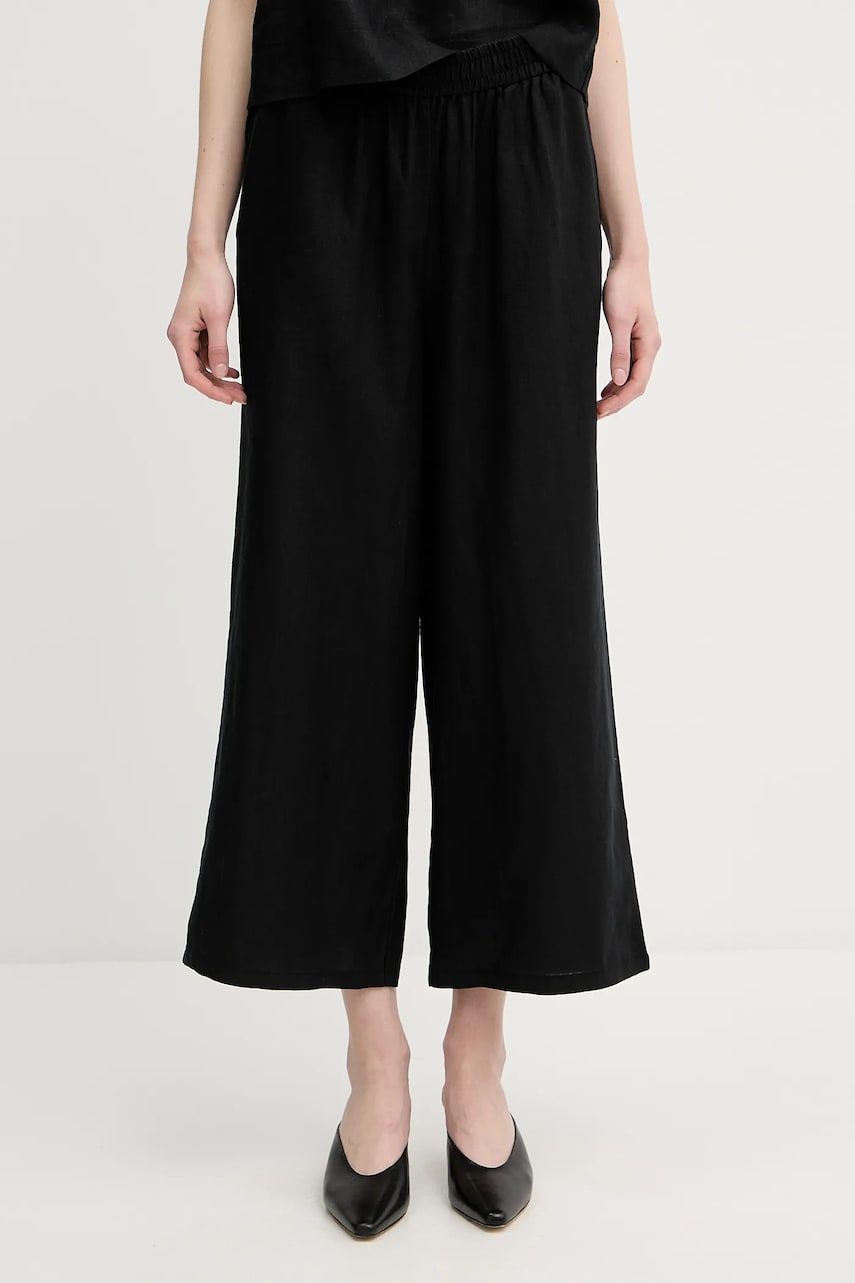 Levně Lněné kalhoty United Colors of Benetton dámské, černá barva, high waist, 4AGHDF09G