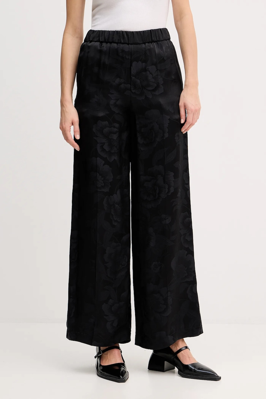 Kenzo pantaloni de mătase femei, culoarea negru, lat, high waist, FF52PA0849JR.99