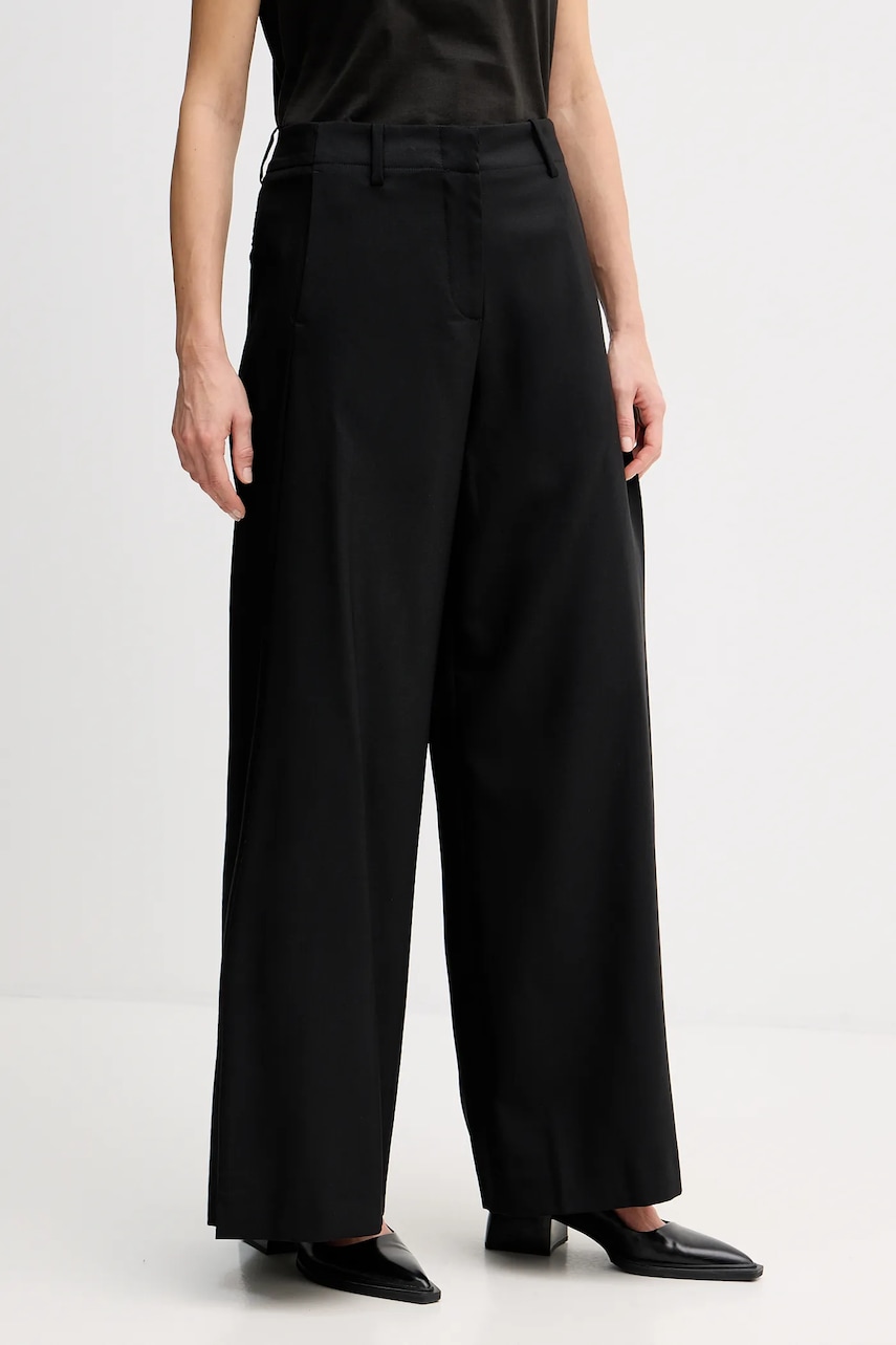 Kenzo pantaloni de lână femei, culoarea negru, lat, high waist, FF52PA0999RA.99