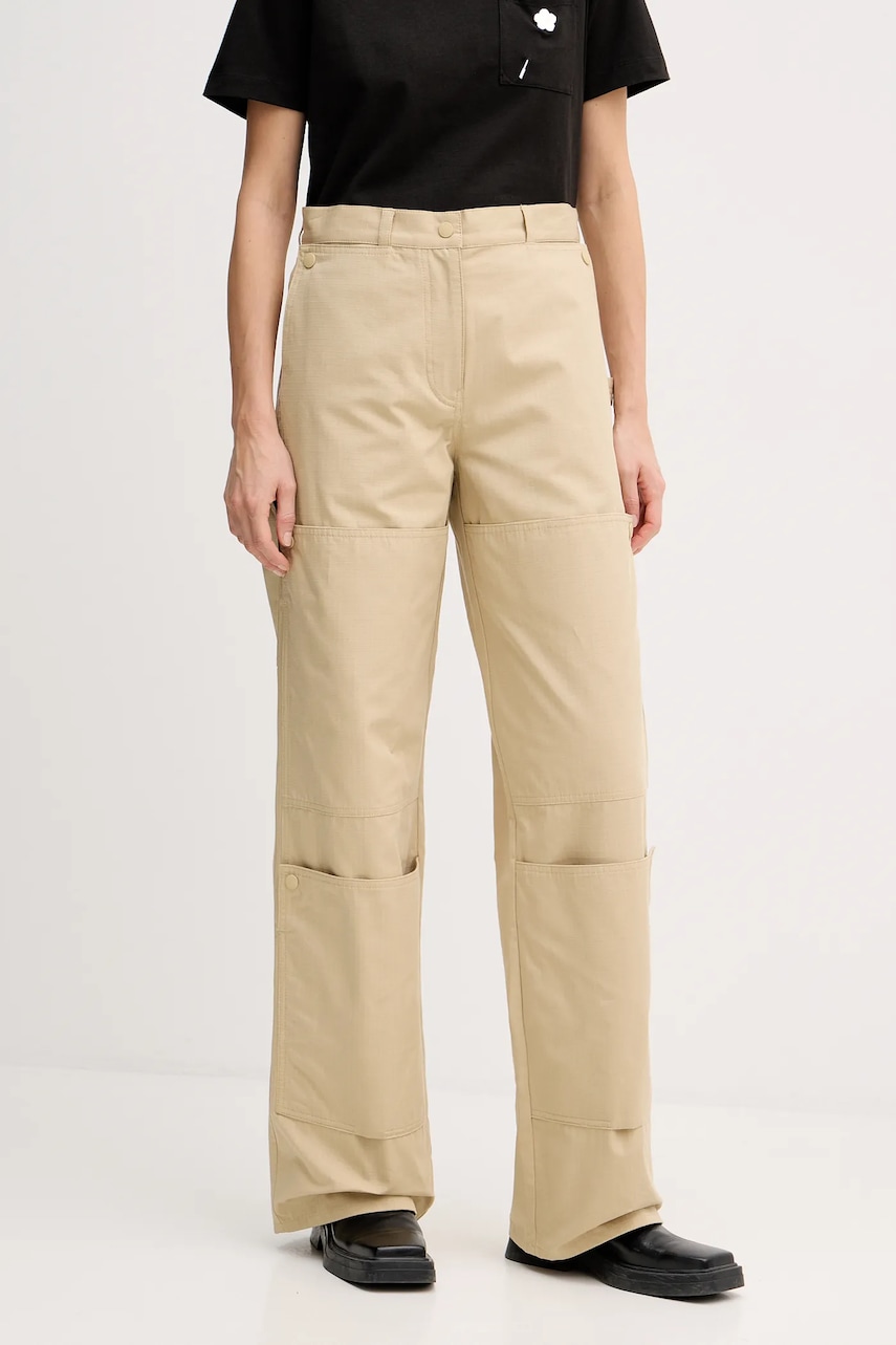 Kenzo pantaloni de bumbac femei, culoarea bej, drept, high waist, FF52PA1009DL.11