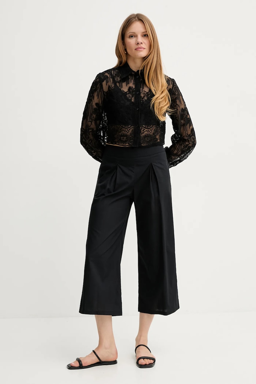 Ermanno Scervino pantaloni de bumbac culoarea negru, lat, high waist, D464P610OVZ Ermanno Scervino pantaloni de bumbac culoarea negru, lat, high waist, D464P610OVZ