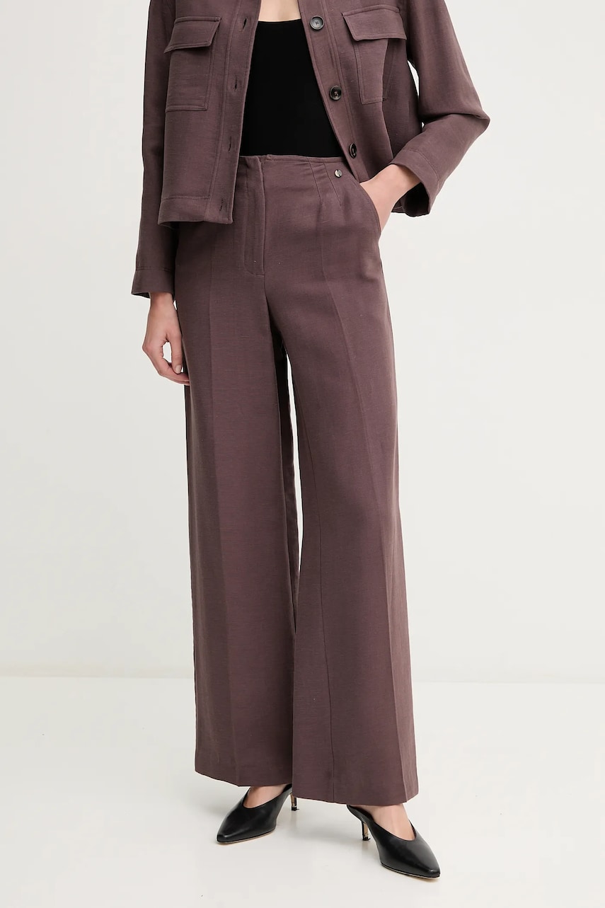 Pedro del Hierro pantaloni din amestec de in femei, culoarea maro, lat, high waist, 7609762 Pedro del Hierro pantaloni din amestec de in femei, culoarea maro, lat, high waist, 7609762