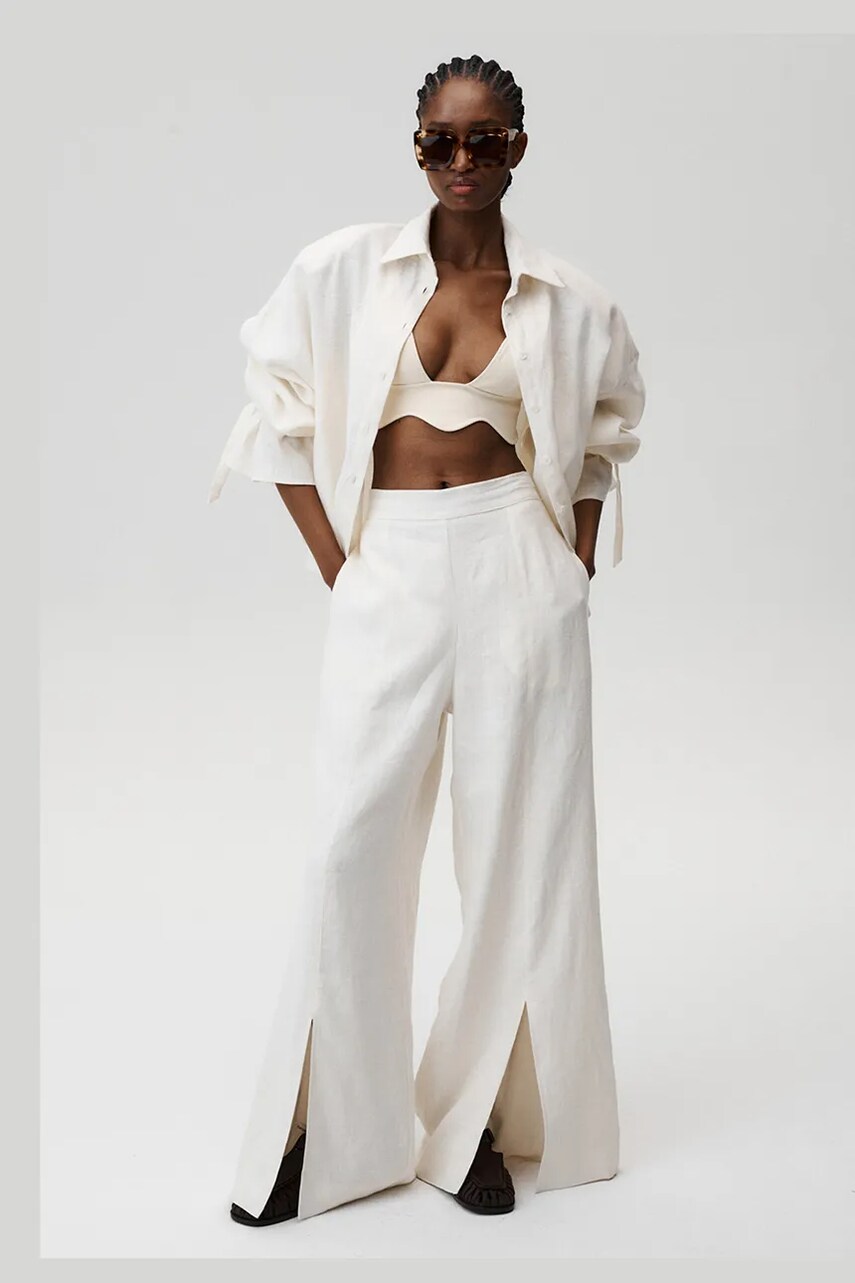 Undress Code pantaloni din in Fortuna Pants culoarea bej, lat, high waist, 894