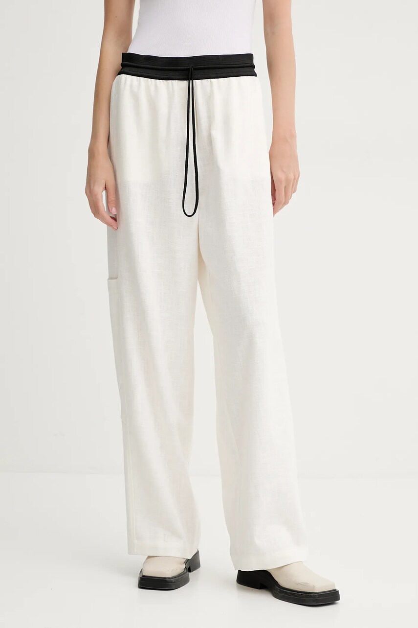 MMC STUDIO pantaloni femei, culoarea bej, drept, high waist, LINEN