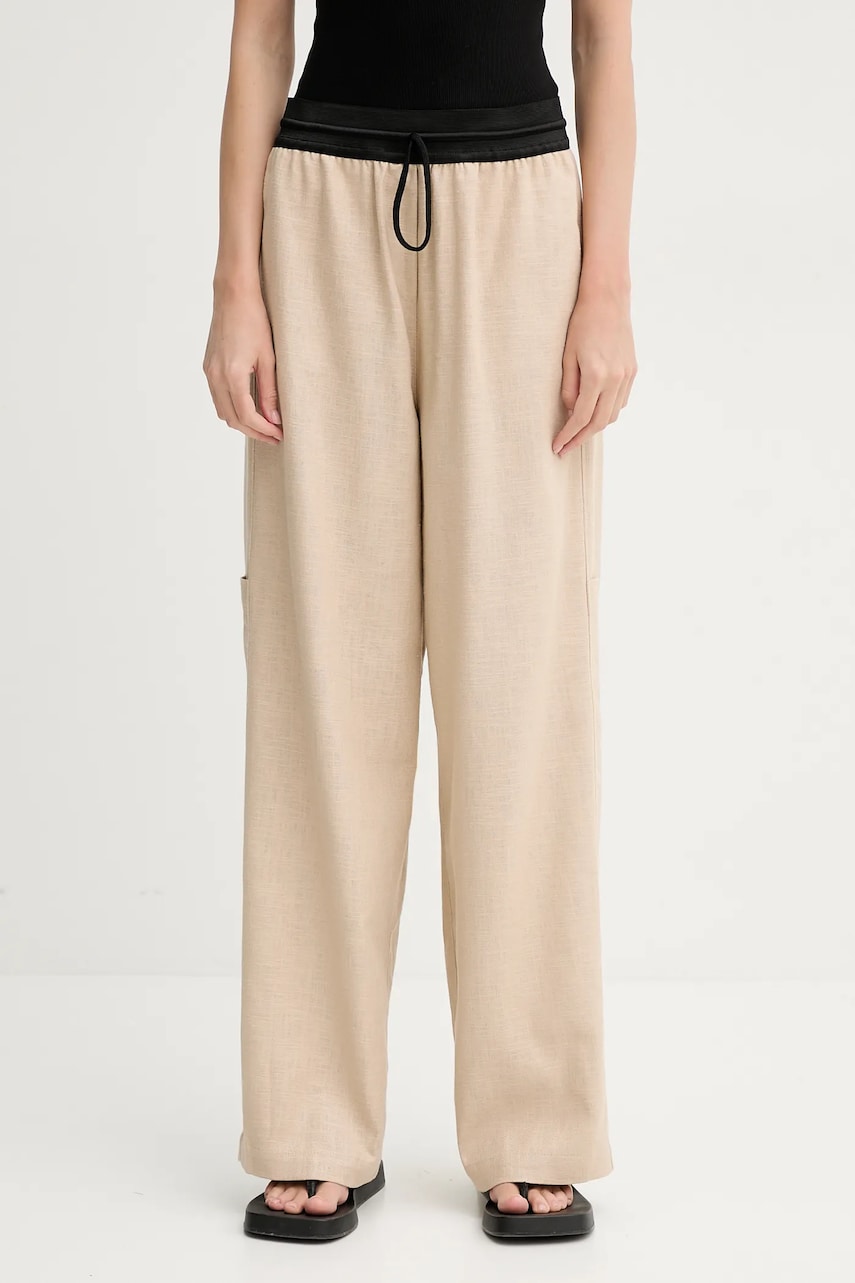 MMC STUDIO pantaloni femei, culoarea bej, drept, high waist, LINEN MMC STUDIO pantaloni femei, culoarea bej, drept, high waist, LINEN