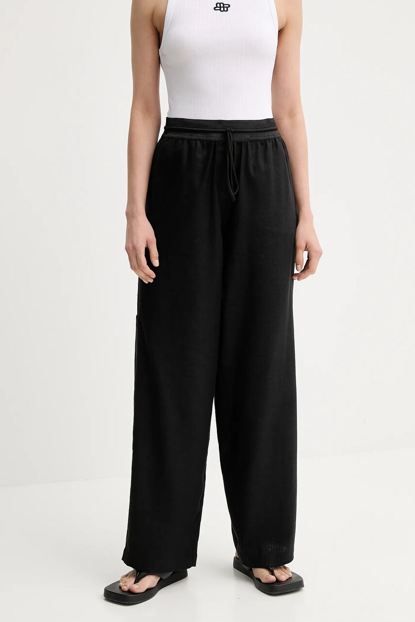 MMC STUDIO pantaloni femei, culoarea negru, drept, high waist, LINEN