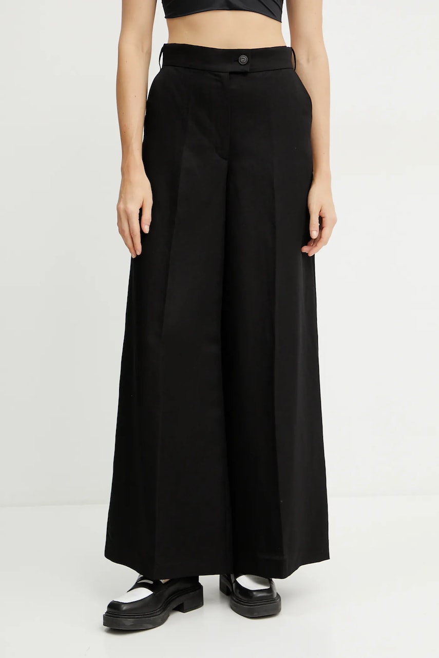 Ivy Oak pantaloni din in PIERA ANN femei, culoarea negru, lat, high waist, IO115208 Ivy Oak pantaloni din in PIERA ANN femei, culoarea negru, lat, high waist, IO115208