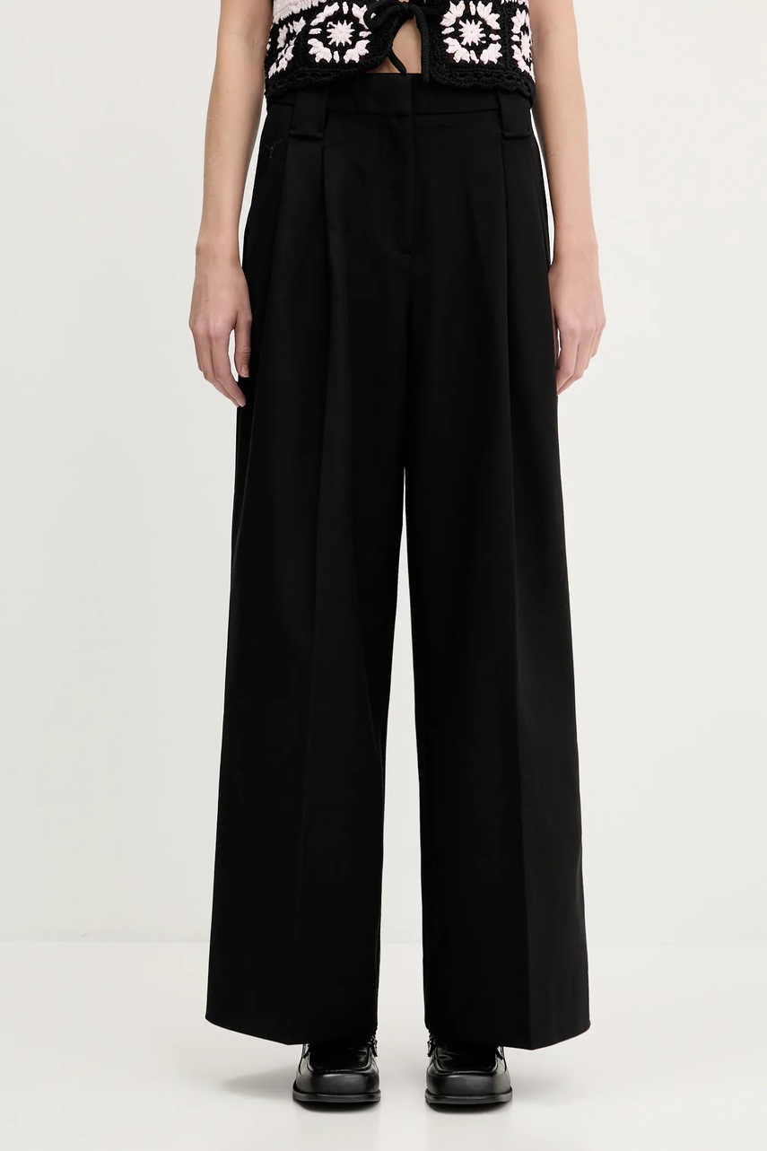 GANNI pantaloni Heavy Cotton Tailoring Mid Waist culoarea negru, lat, high waist, W0246