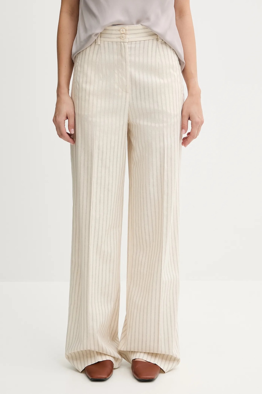 Sisley pantaloni din amestec de in culoarea bej, lat, high waist, 45ICLF06W