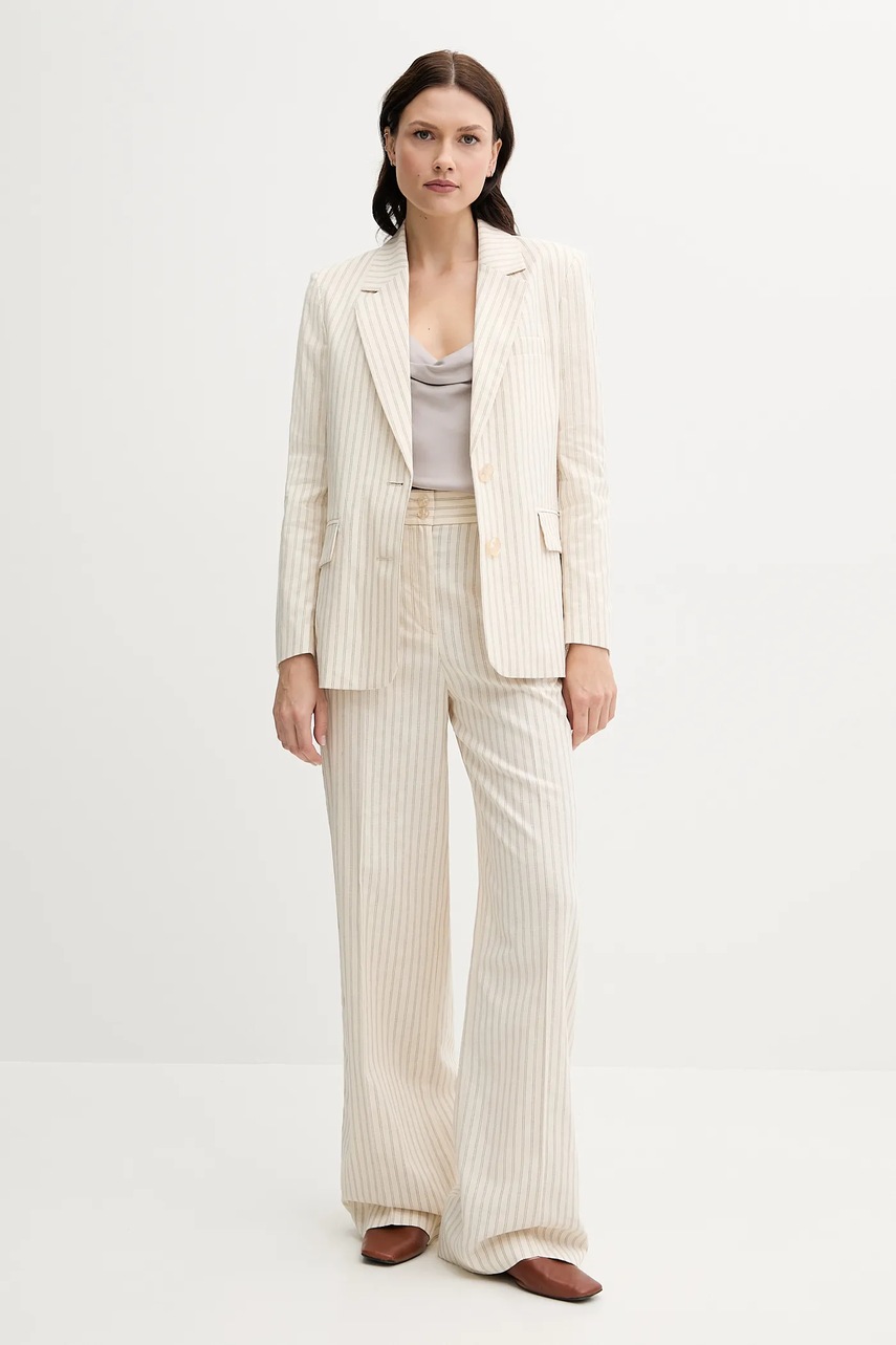 Брюки с примесью льна Sisley цвет бежевый широкие высокая посадка 45ICLF06W