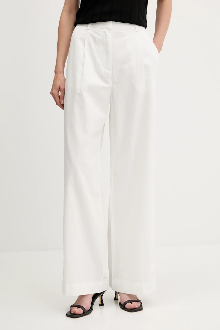 Sisley pantaloni din amestec de in culoarea alb, lat, high waist, 4W7HLF06X