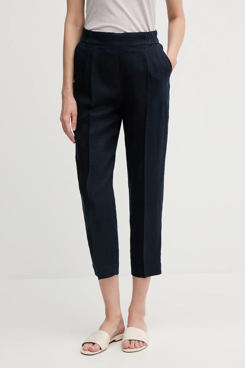 Sisley pantaloni din in culoarea bleumarin, drept, high waist, 4AGHLF00S