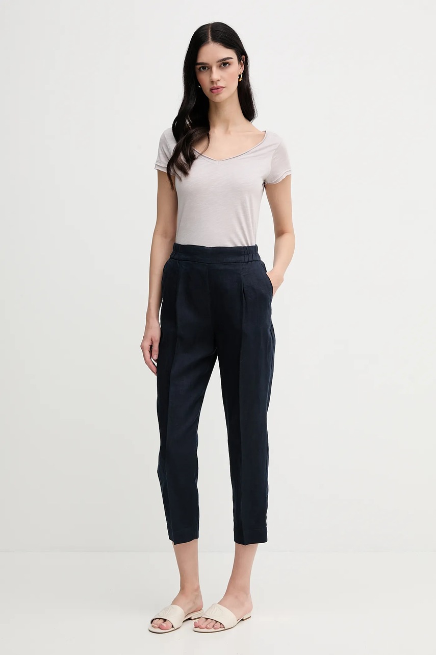 Льняные брюки Sisley цвет синий прямые высокая посадка 4AGHLF00S