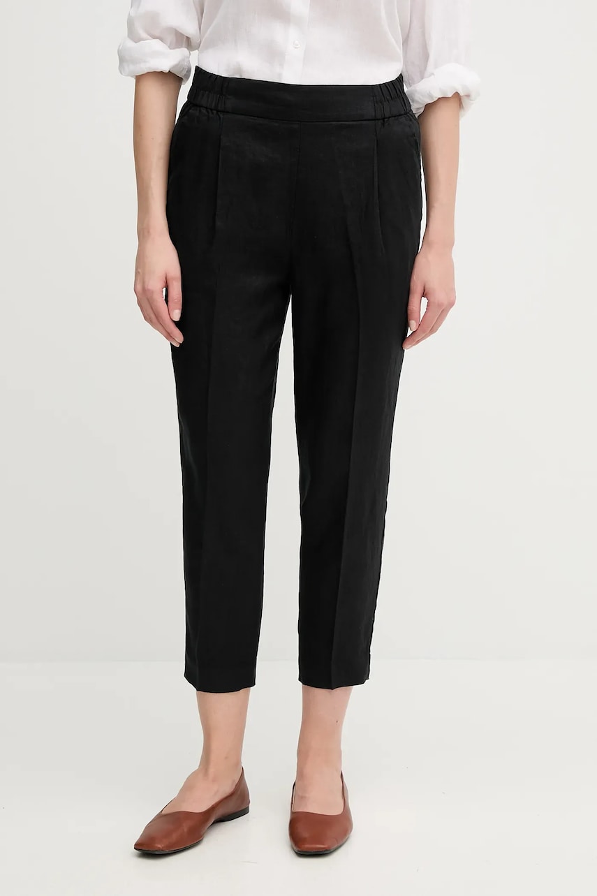 Levně Lněné kalhoty Sisley dámské, černá barva, high waist, 4AGHLF00S