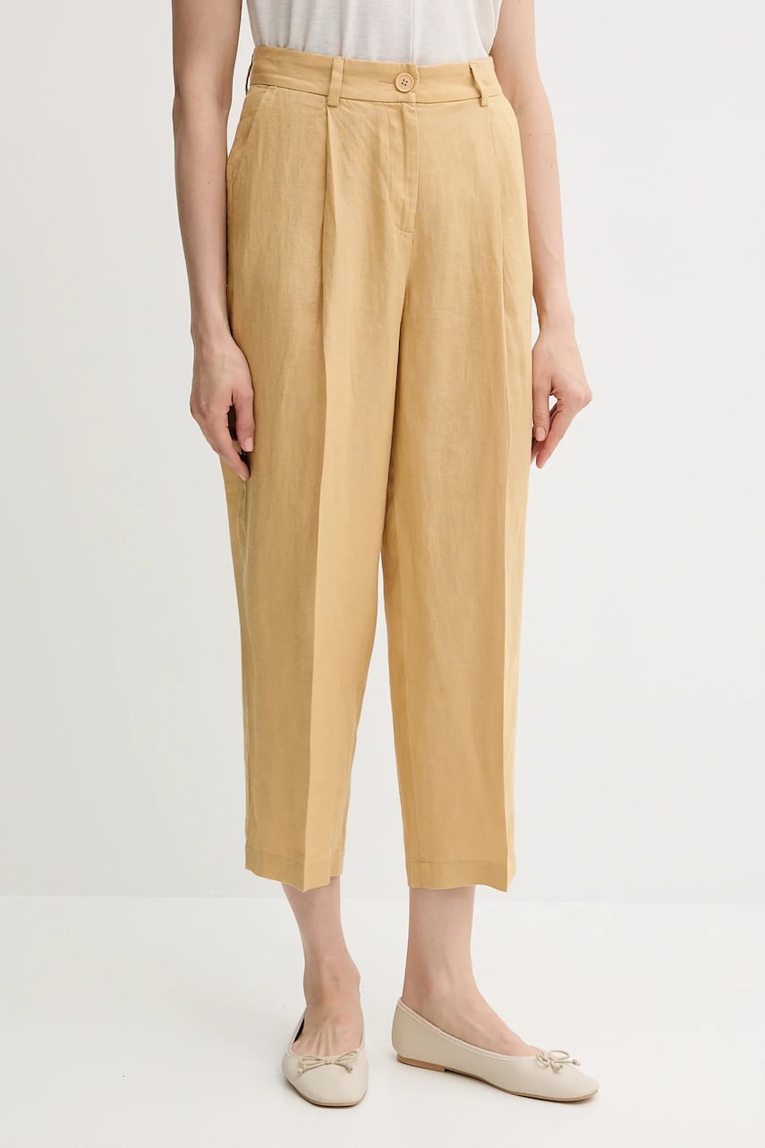 Sisley pantaloni din in culoarea galben, lat, high waist, 4AGHLF06R