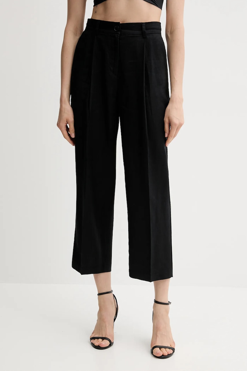Sisley pantaloni din in culoarea negru, lat, high waist, 4AGHLF06R