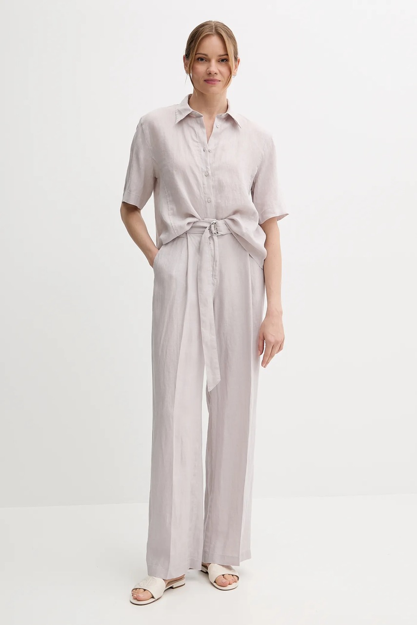 Льняные брюки Sisley цвет серый прямые высокая посадка 4AGHLF06U