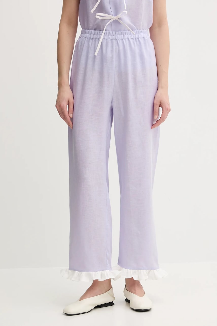 The Sleeper pantaloni din in culoarea violet, drept, high waist, PFPT01P009R
