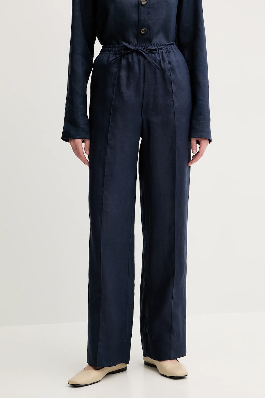 The Sleeper pantaloni din in culoarea bleumarin, lat, high waist, UNPT01P004N