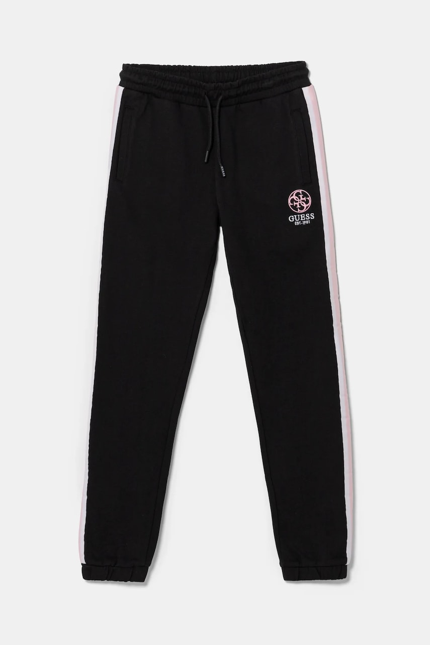 Levně Dětské bavlněné tepláky Guess černá barva, s aplikací, J5RQ11 KAD74