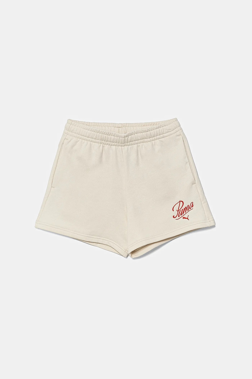 Puma pantaloni scurți copii ESS SCRIPT Shorts G culoarea bej, cu imprimeu, 685869 Puma pantaloni scurți copii ESS SCRIPT Shorts G culoarea bej, cu imprimeu, 685869