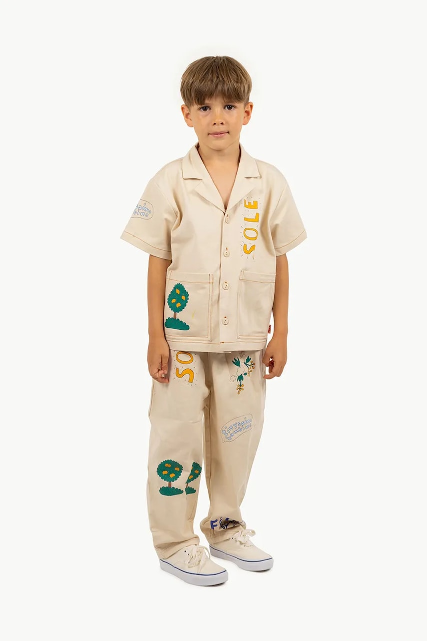 Tinycottons pantaloni de bumbac pentru copii ARTSY TREE PANT culoarea bej, cu imprimeu, SS25-204 Tinycottons pantaloni de bumbac pentru copii ARTSY TREE PANT culoarea bej, cu imprimeu, SS25-204