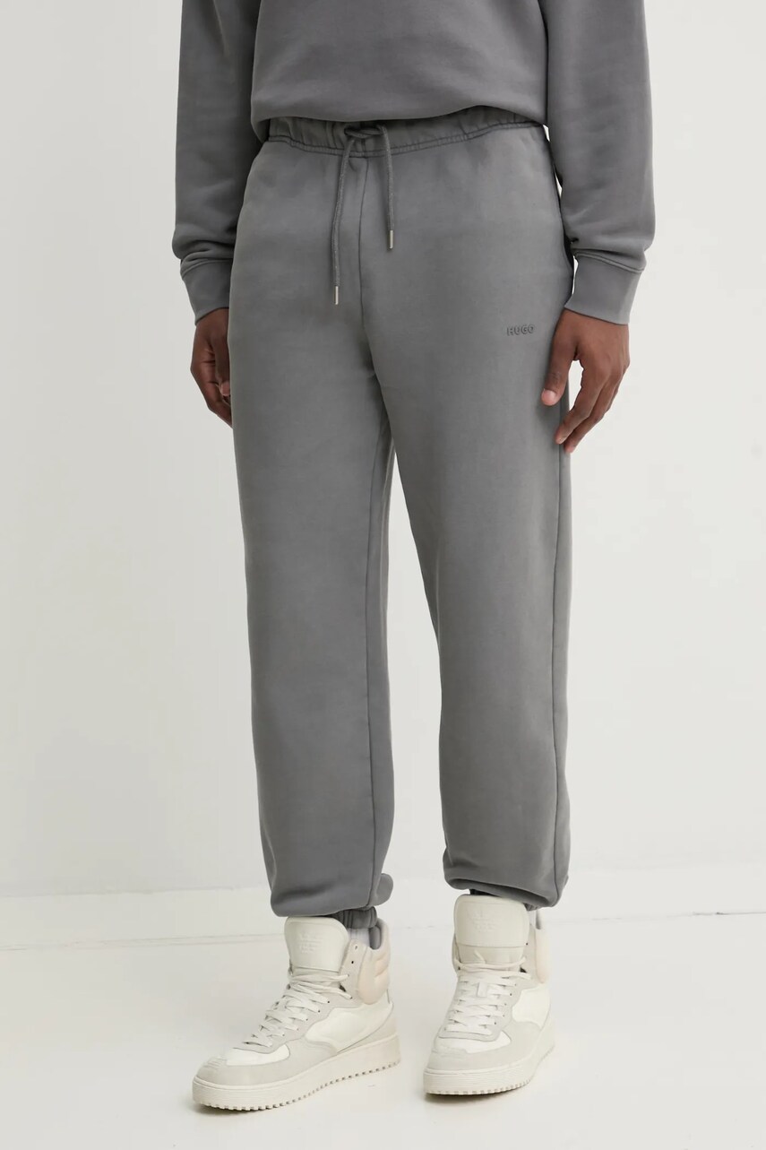 HUGO pantaloni de trening din bumbac culoarea gri, neted, 50540938