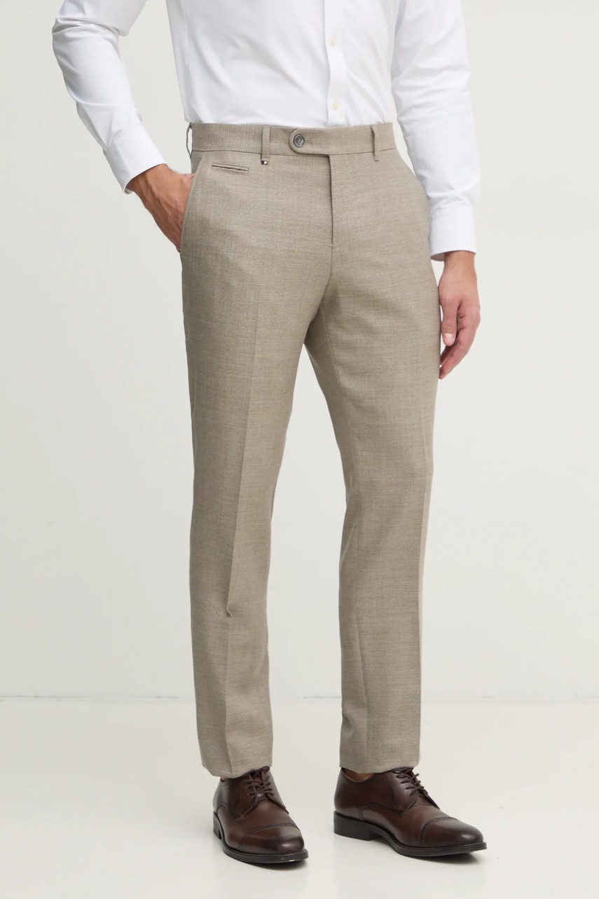 BOSS pantaloni de lana culoarea bej, mulata, 50535045