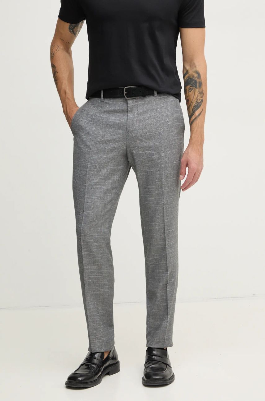 BOSS pantaloni de lână culoarea gri, cu fason chinos, 50535685