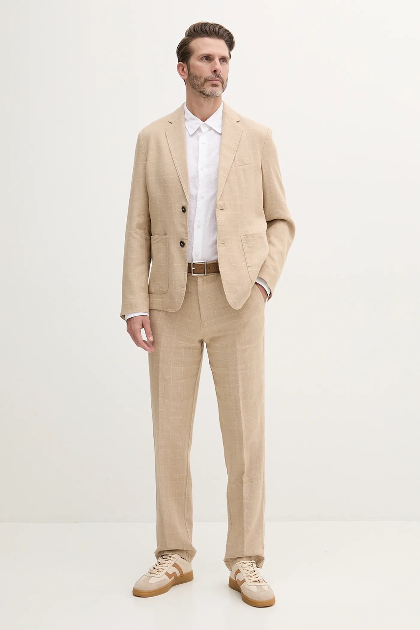 Льняные брюки United Colors of Benetton цвет бежевый облегающее 43B3UF03X