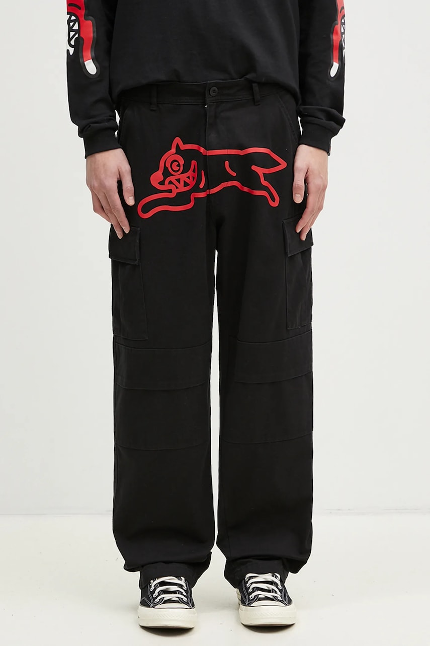 ICECREAM pantaloni de bumbac Running Dog Cargo Pant culoarea negru, drept, IC24430