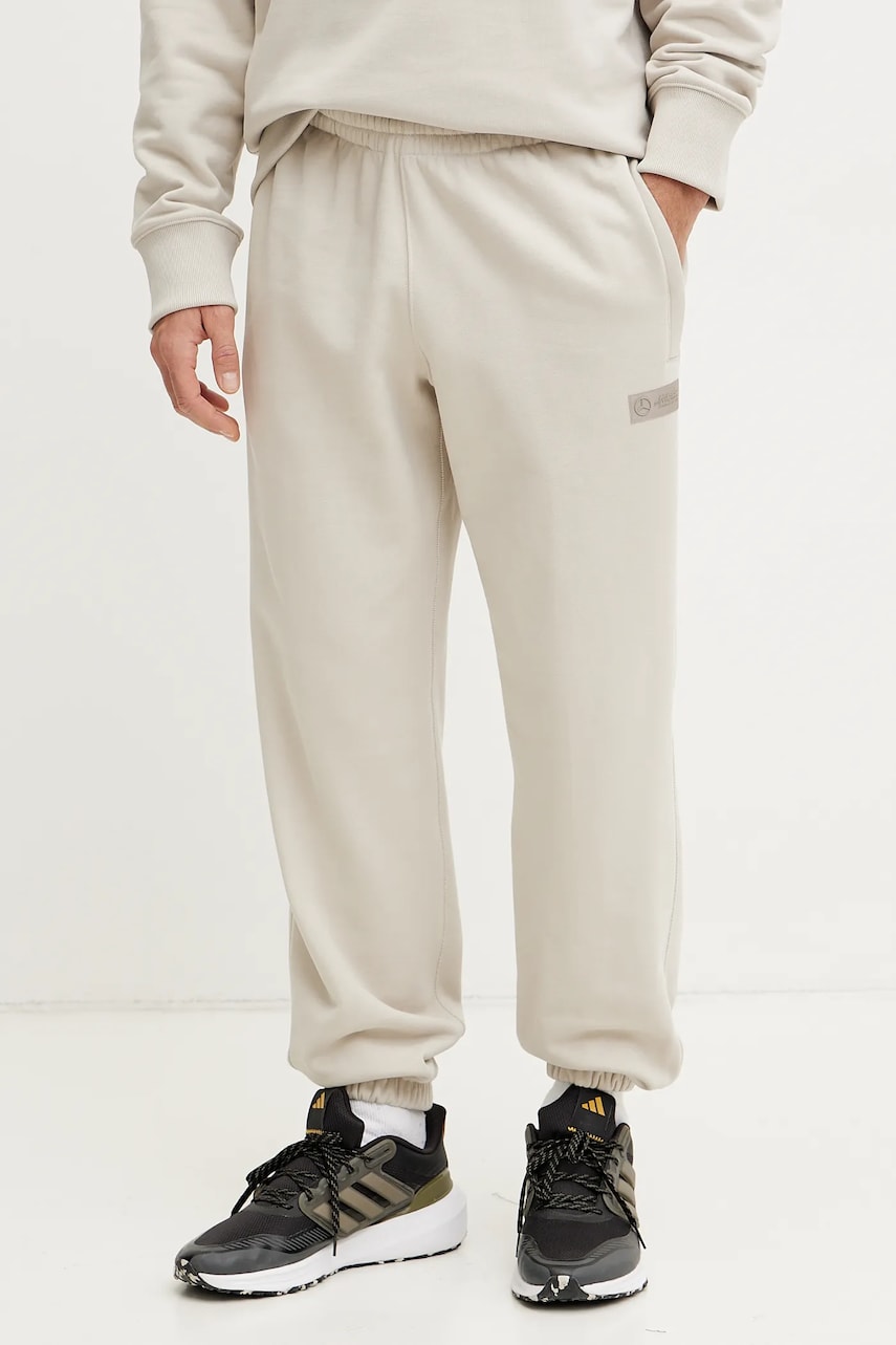 adidas pantaloni de trening din bumbac x Mercedes culoarea bej, neted, JW3083 adidas pantaloni de trening din bumbac x Mercedes culoarea bej, neted, JW3083