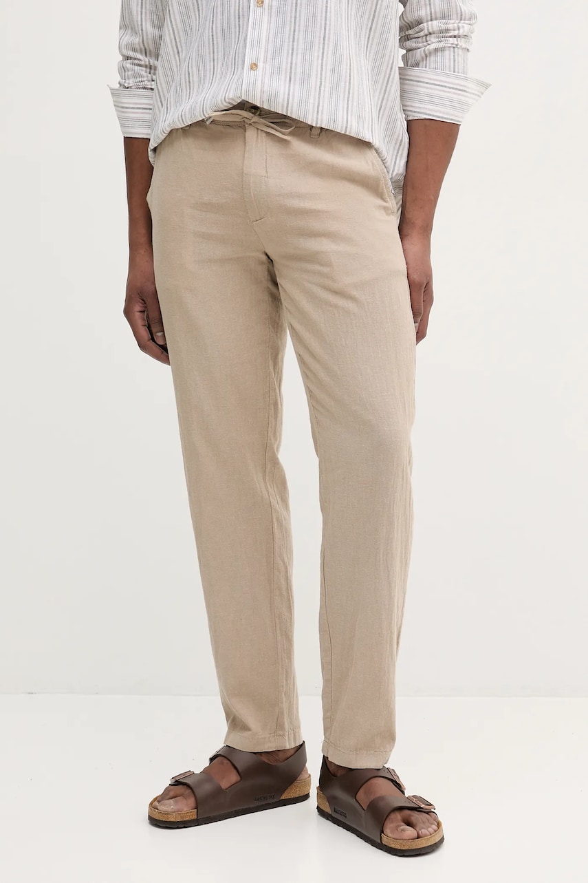 Lindbergh pantaloni din in barbati, culoarea bej, drept, 30-008023 Lindbergh pantaloni din in barbati, culoarea bej, drept, 30-008023