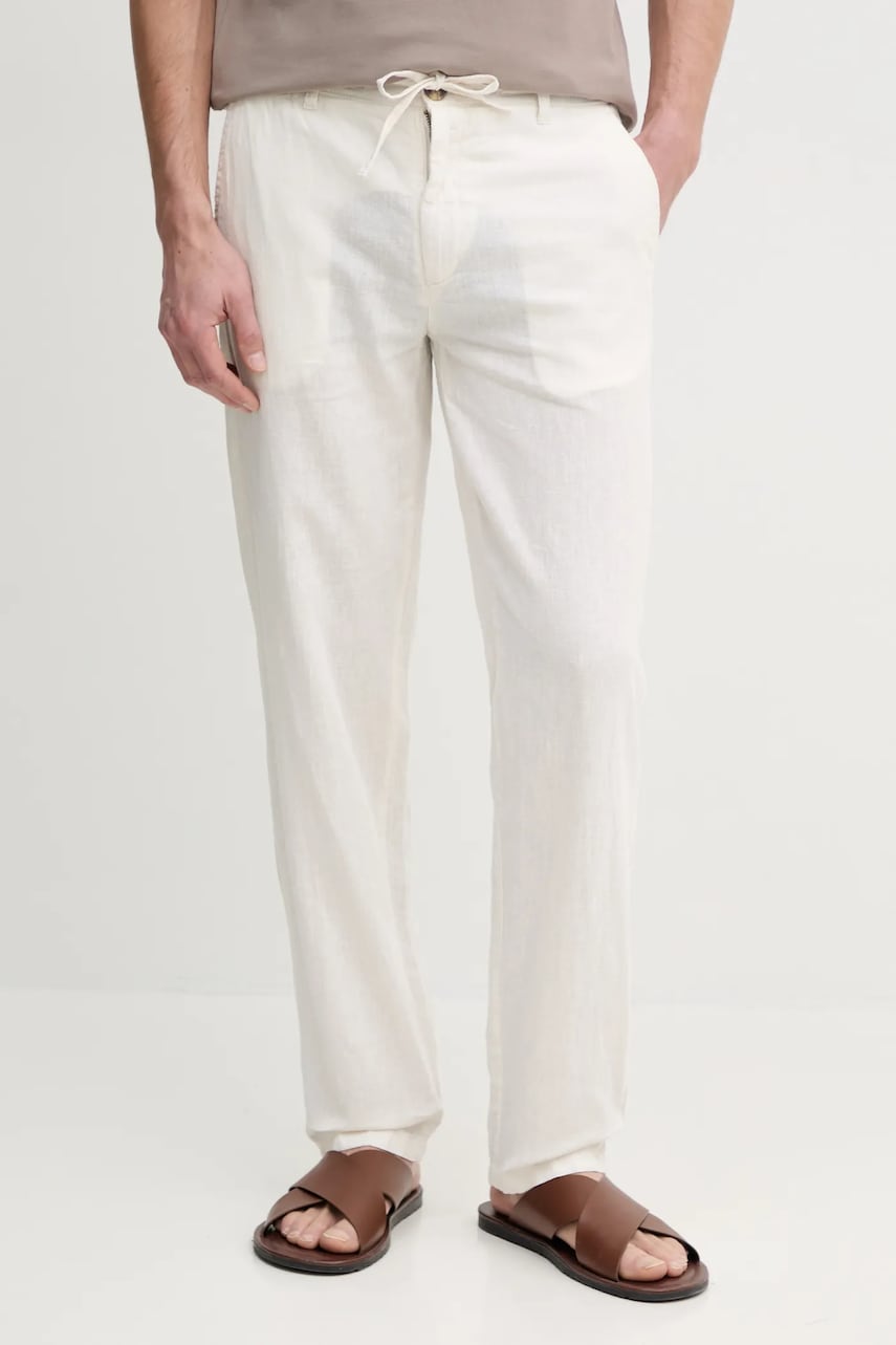 Lindbergh pantaloni din in barbati, culoarea bej, drept, 30-008023 Lindbergh pantaloni din in barbati, culoarea bej, drept, 30-008023